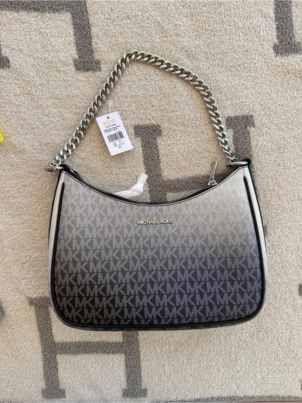 MICHAEL KORS Black to Gray Ombre Logo Shoulder Bag with Silver Chain